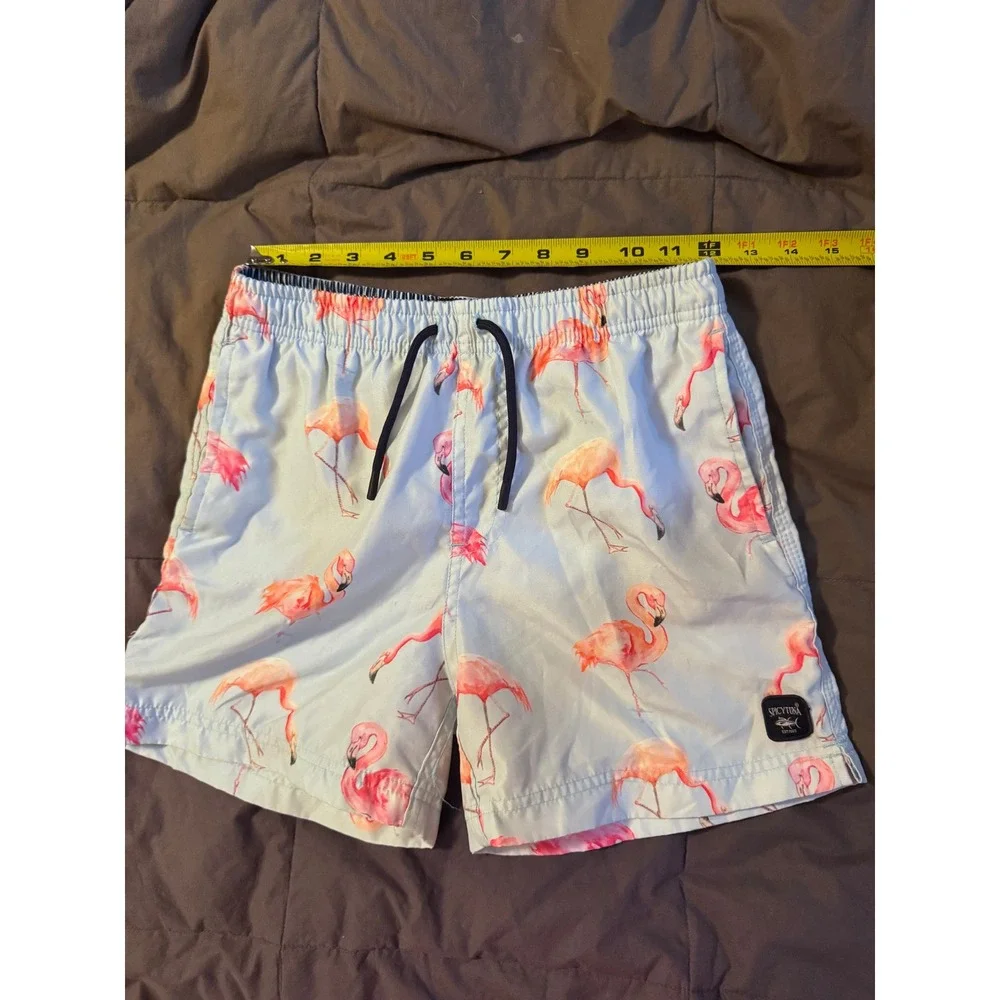 Spicy Tuna Boys Pink Flamingo Swim Trunks Blue Tropical Board Shorts Size 14